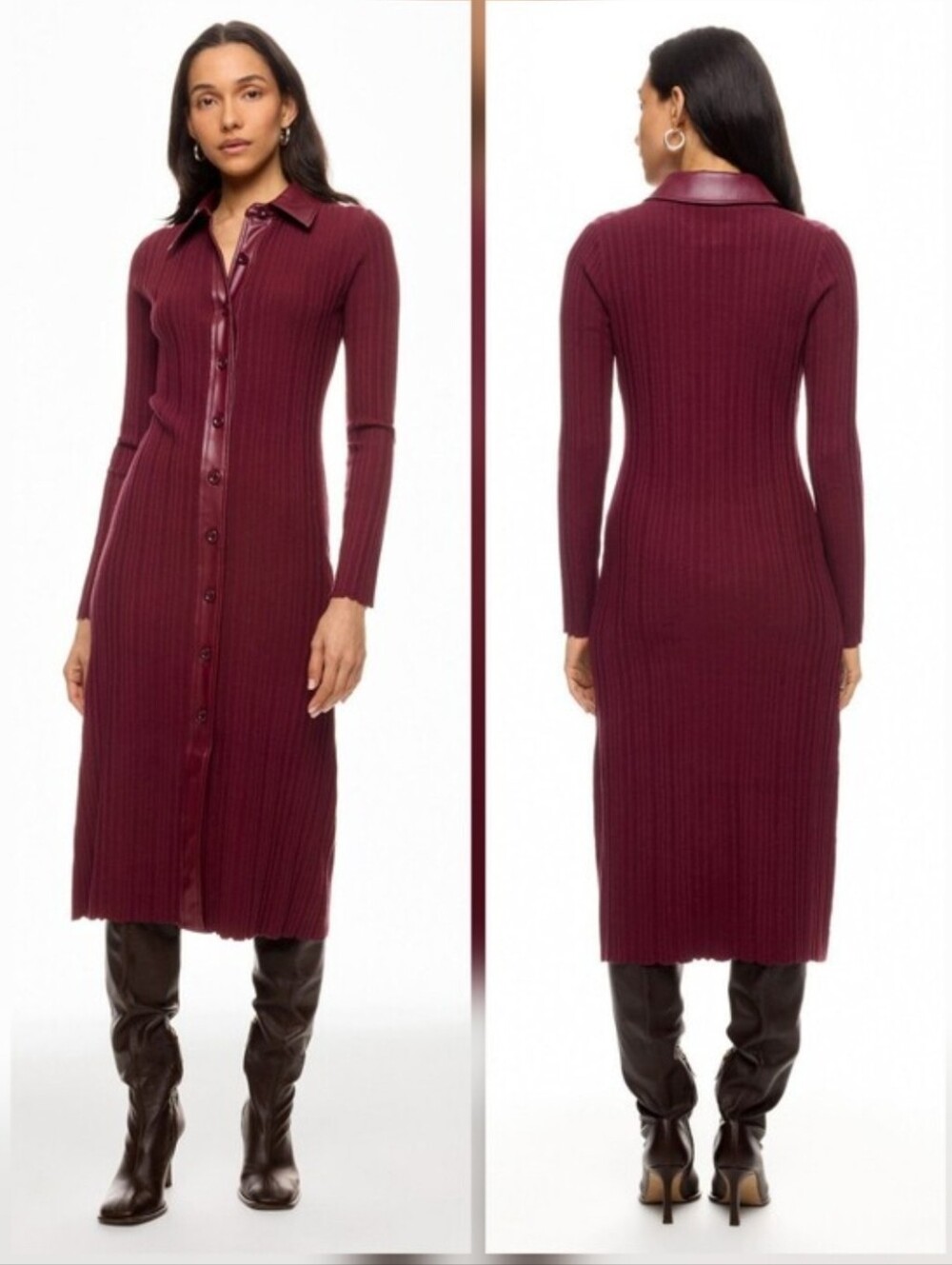 Toccin Variegated Rib Knit Leather Combo Dress Collared Long Sleeve Size L